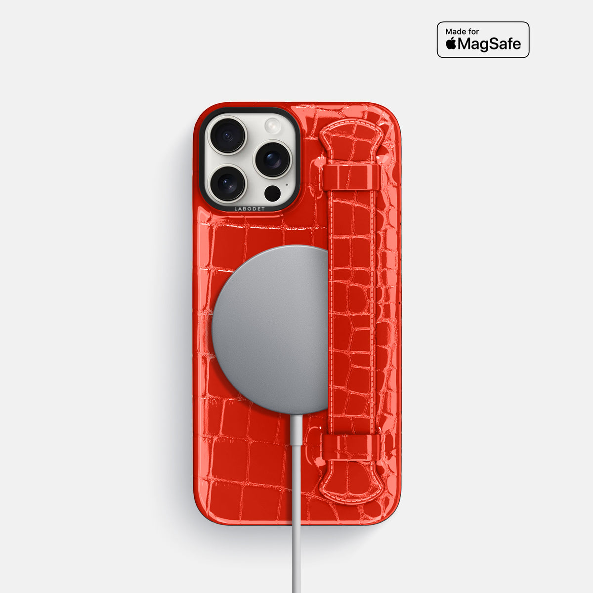 Coral-Orange iPhone 16 Pro Handle Case Shiny Alligator with Black Metal -5 | Coral-Orange-Black