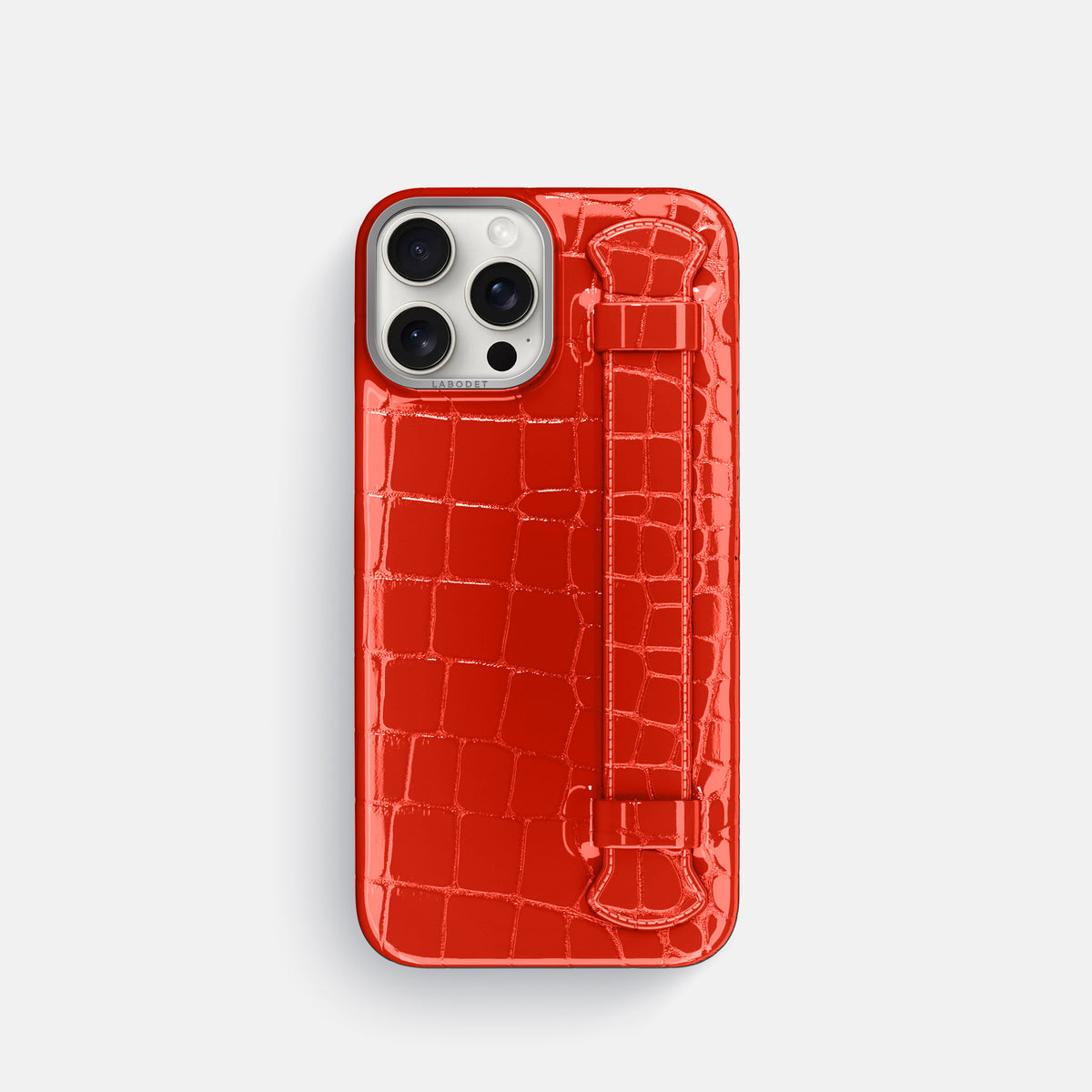 Coral-Orange iPhone 16 Pro Handle Case Shiny Alligator with Steel Metal -1 | Coral-Orange-Steel