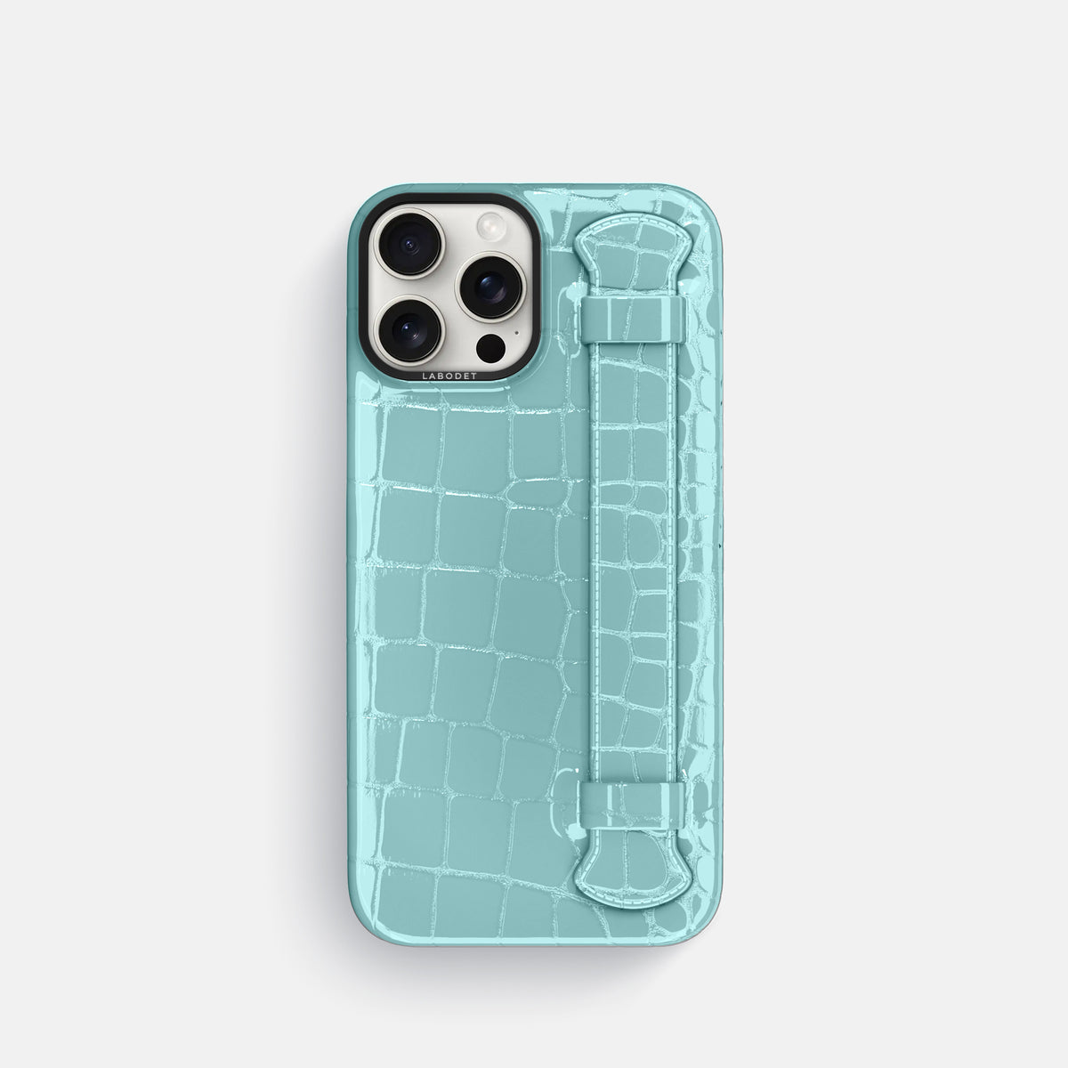 Light Blue iPhone 16 Pro Handle Case Shiny Alligator with Black Metal -1 | Light-Blue-Black