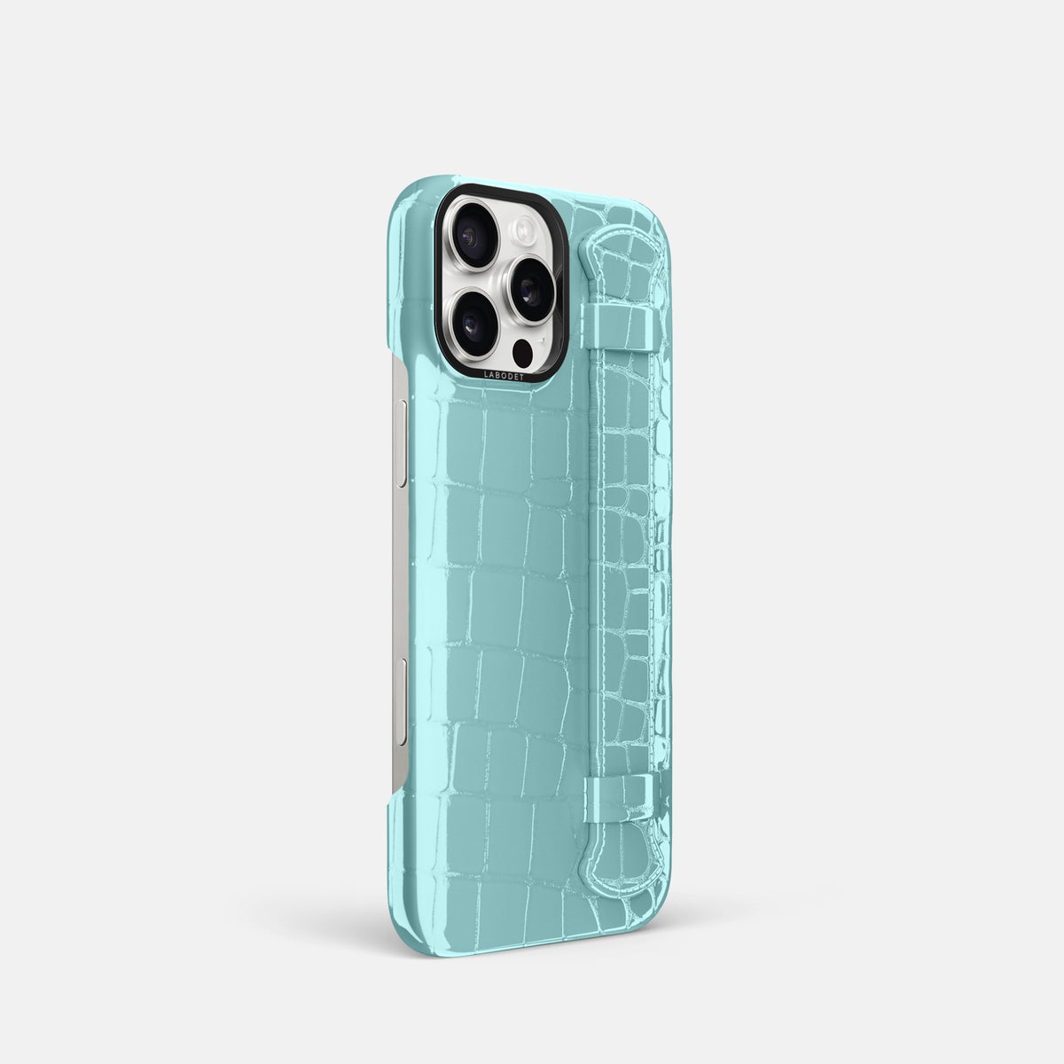 Light Blue iPhone 16 Pro Handle Case Shiny Alligator with Black Metal -2 | Light-Blue-Black