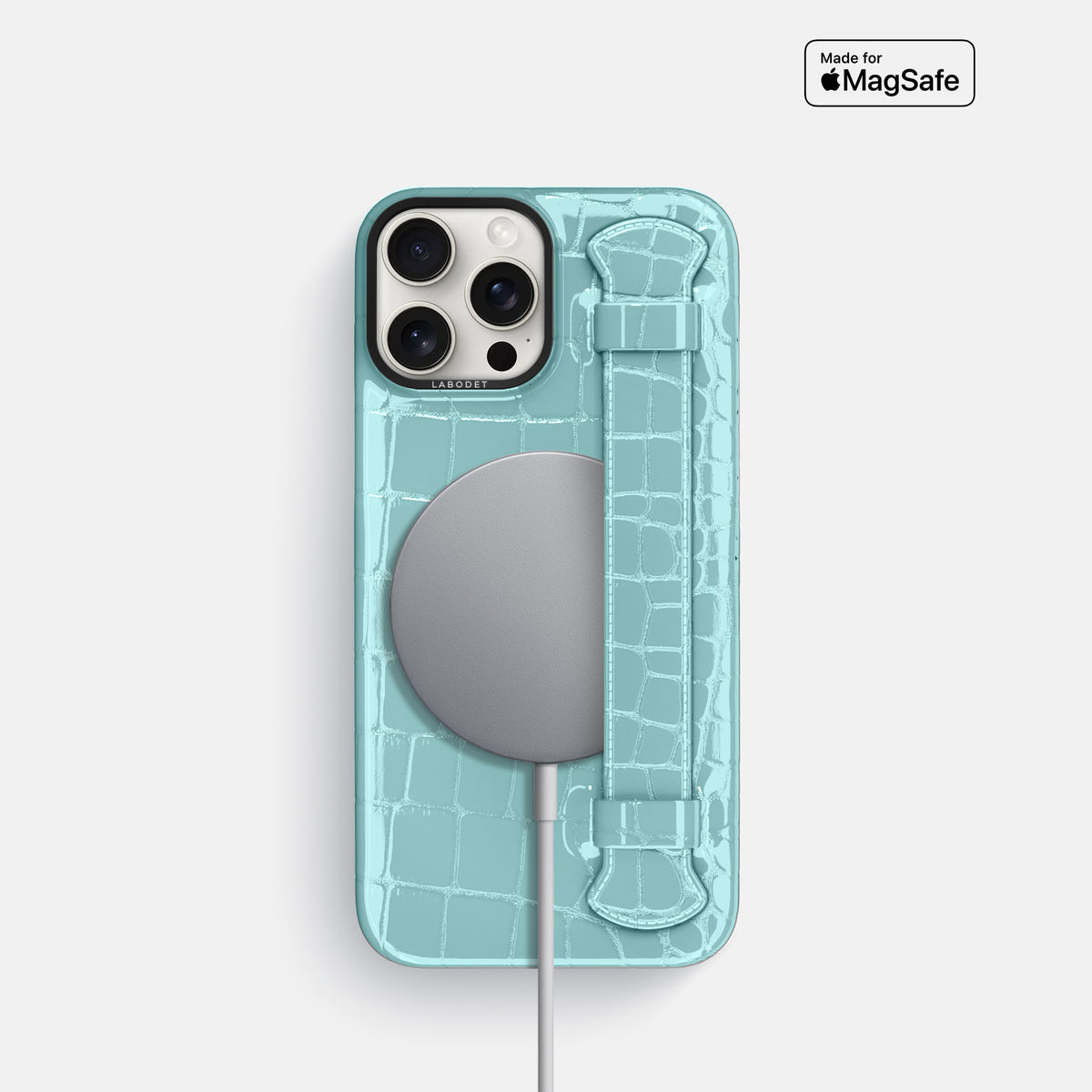 Light Blue iPhone 16 Pro Handle Case Shiny Alligator with Black Metal -5 | Light-Blue-Black