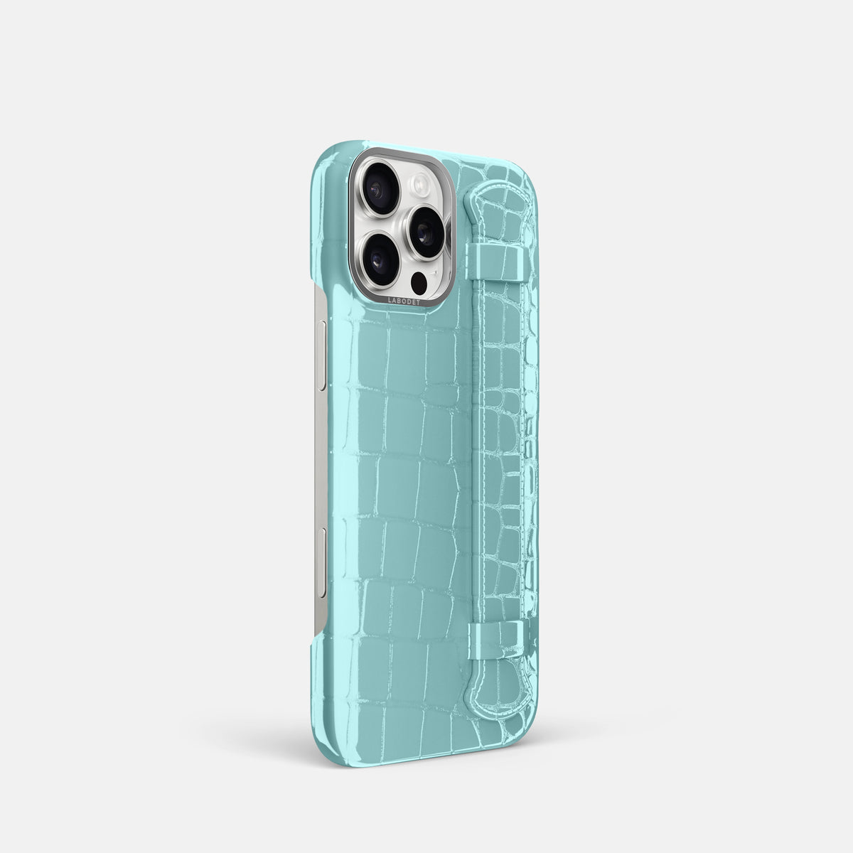 Light Blue iPhone 16 Pro Handle Case Shiny Alligator with Steel Metal -2 | Light-Blue-Steel