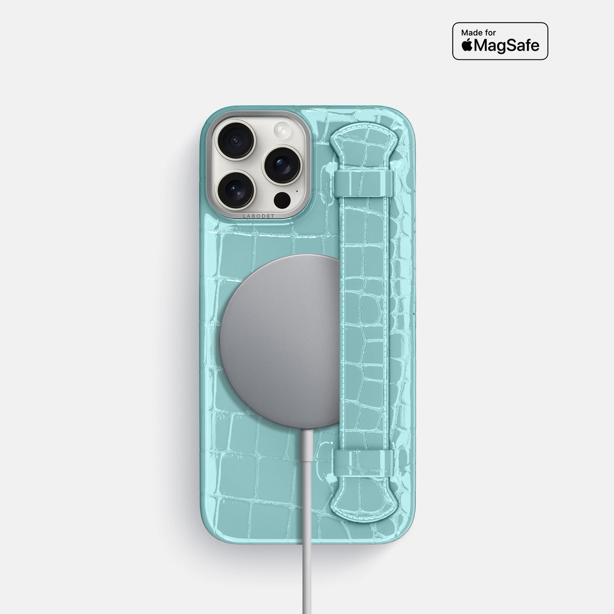 Light Blue iPhone 16 Pro Handle Case Shiny Alligator with Steel Metal -5 | Light-Blue-Steel