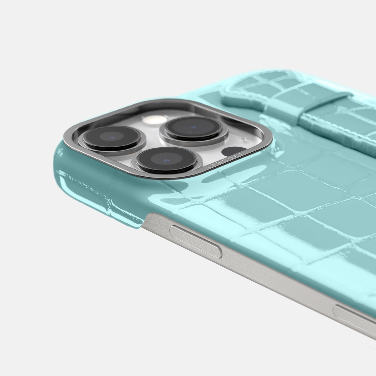 Light Blue iPhone 16 Pro Handle Case Shiny Alligator with Steel Metal -6 | Light-Blue-Steel