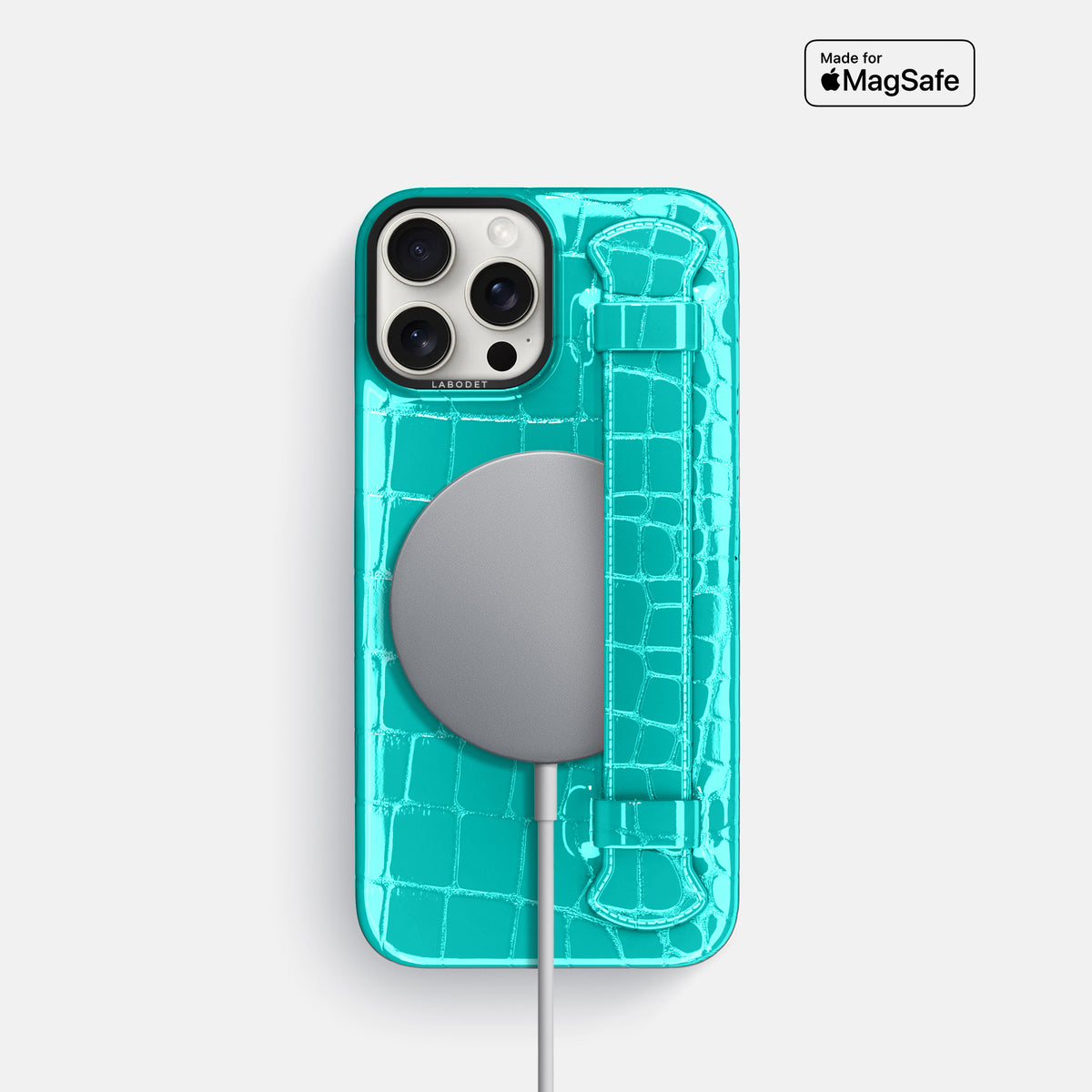 Mint iPhone 16 Pro Handle Case Shiny Alligator with Black Metal -5 | Mint-Black