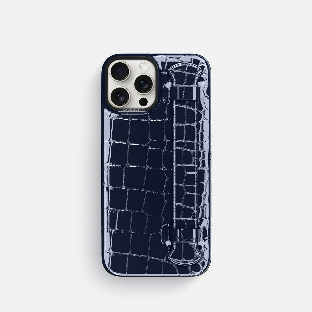 Navy-Blue iPhone 16 Pro Handle Case Shiny Alligator with Black Metal -1 | Navy-Blue-Black