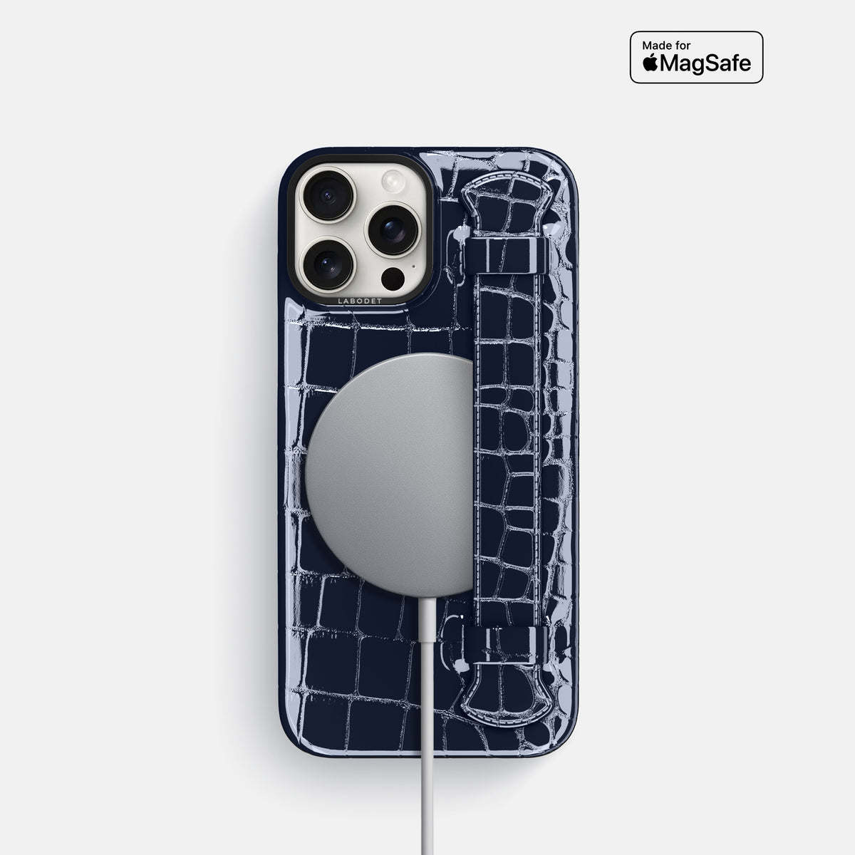 Navy-Blue iPhone 16 Pro Handle Case Shiny Alligator with Black Metal -5 | Navy-Blue-Black