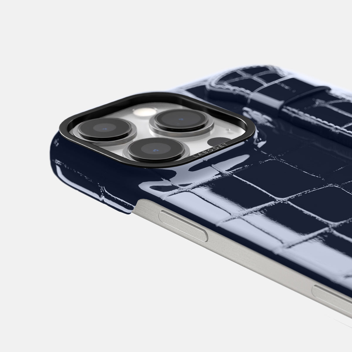 Navy-Blue iPhone 16 Pro Handle Case Shiny Alligator with Black Metal -6 | Navy-Blue-Black