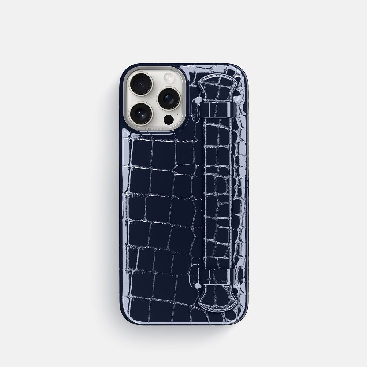Navy-Blue iPhone 16 Pro Handle Case Shiny Alligator with Steel Metal -1 | Navy-Blue-Steel