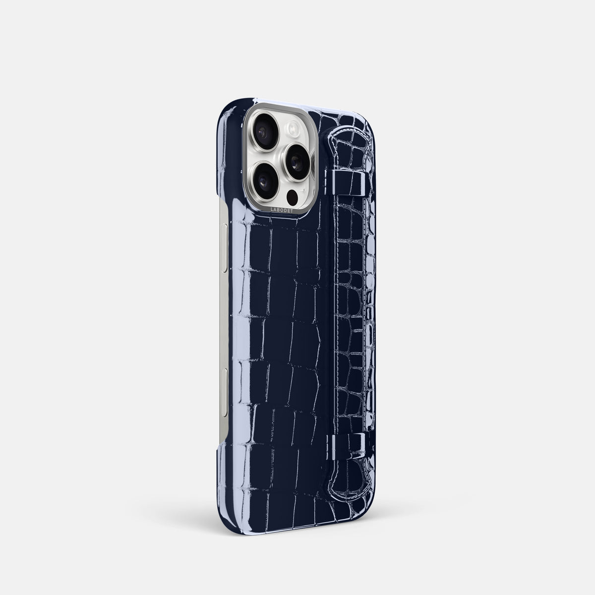 Navy-Blue iPhone 16 Pro Handle Case Shiny Alligator with Steel Metal -2 | Navy-Blue-Steel