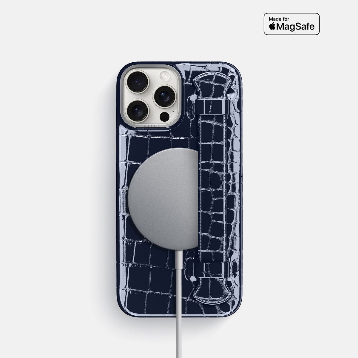 Navy-Blue iPhone 16 Pro Handle Case Shiny Alligator with Steel Metal -5 | Navy-Blue-Steel