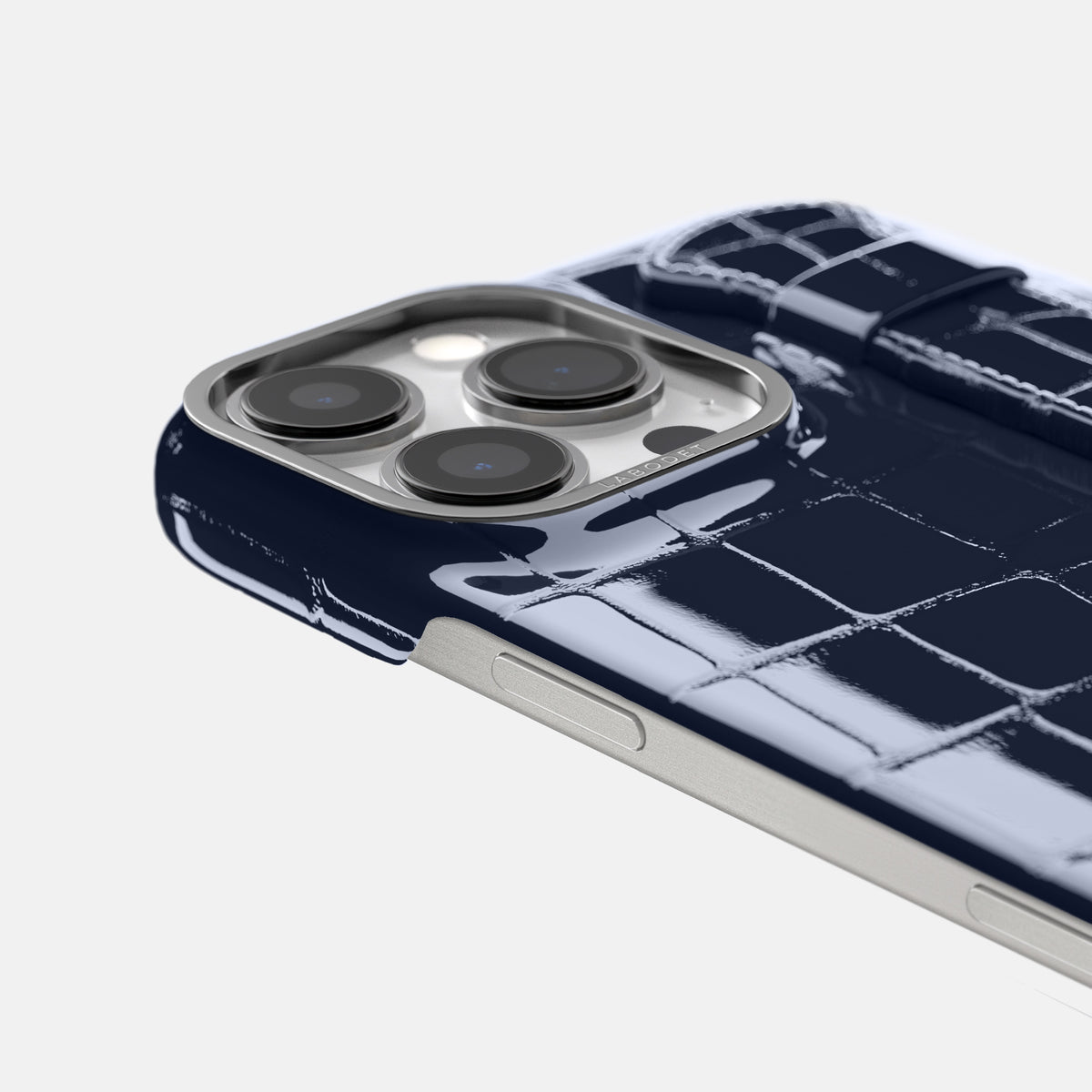 Navy-Blue iPhone 16 Pro Handle Case Shiny Alligator with Steel Metal -6 | Navy-Blue-Steel