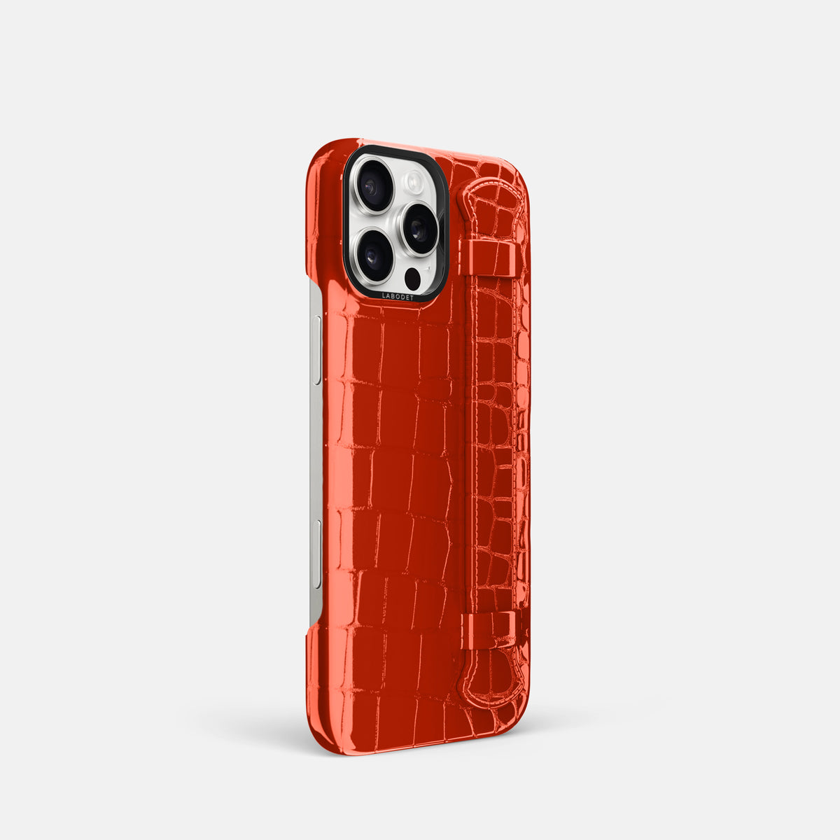 Orange iPhone 16 Pro Handle Case Shiny Alligator with Black Metal -2 | Orange-Black