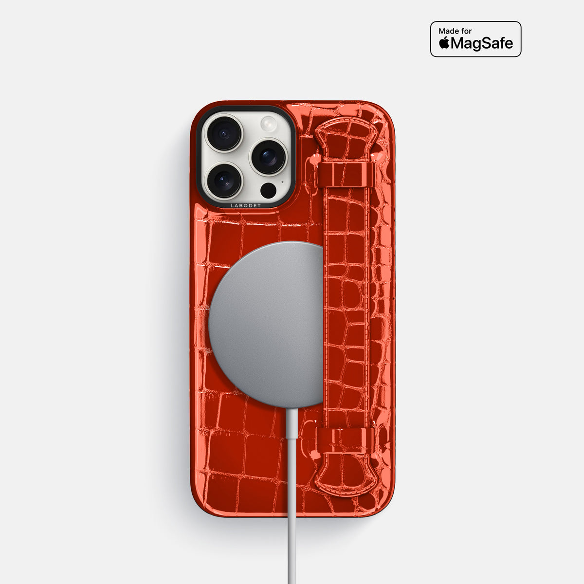 Orange iPhone 16 Pro Handle Case Shiny Alligator with Black Metal -5 | Orange-Black