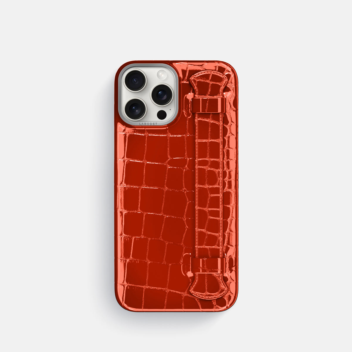 Orange iPhone 16 Pro Handle Case Shiny Alligator with Steel Metal -1 | Orange-Steel