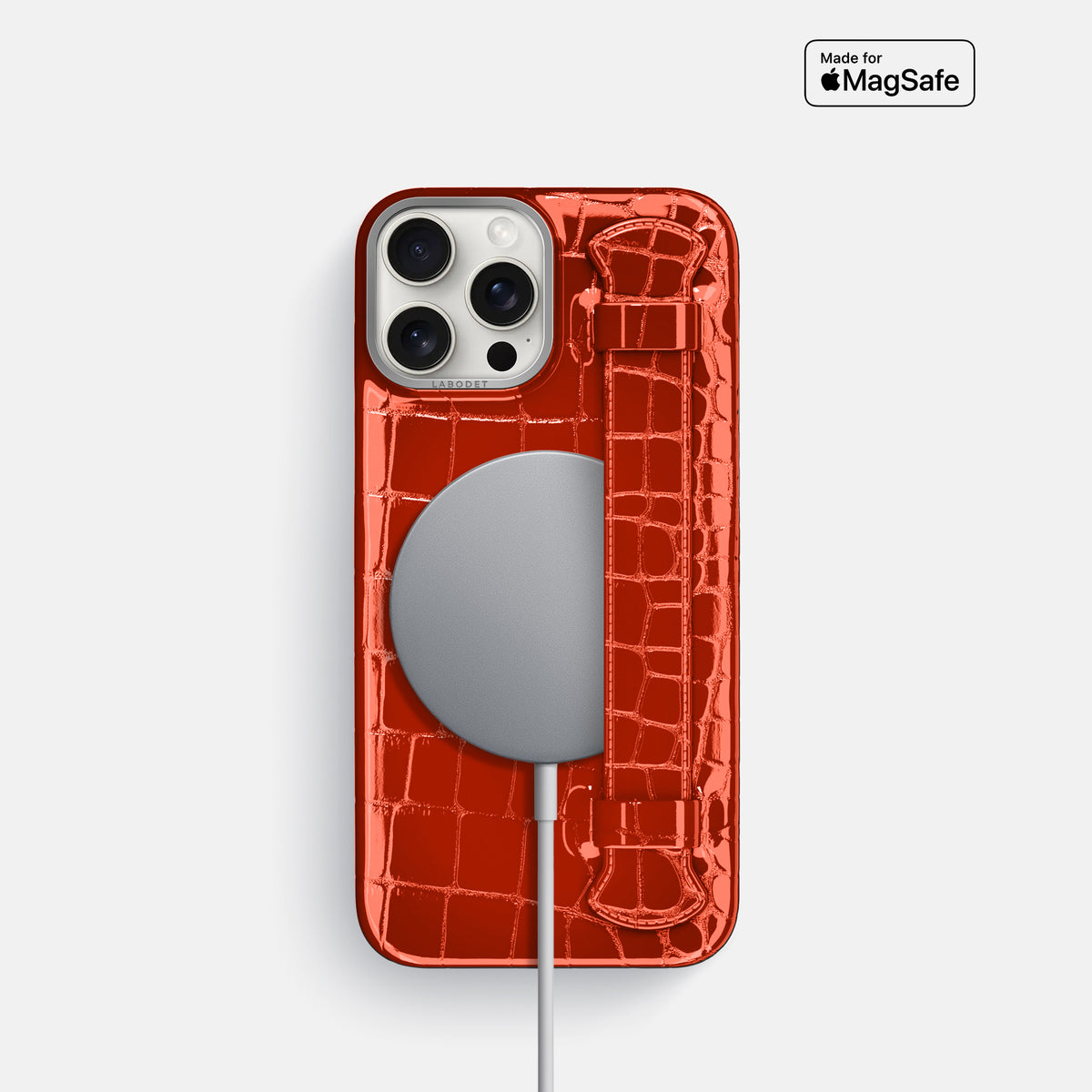 Orange iPhone 16 Pro Handle Case Shiny Alligator with Steel Metal -5 | Orange-Steel