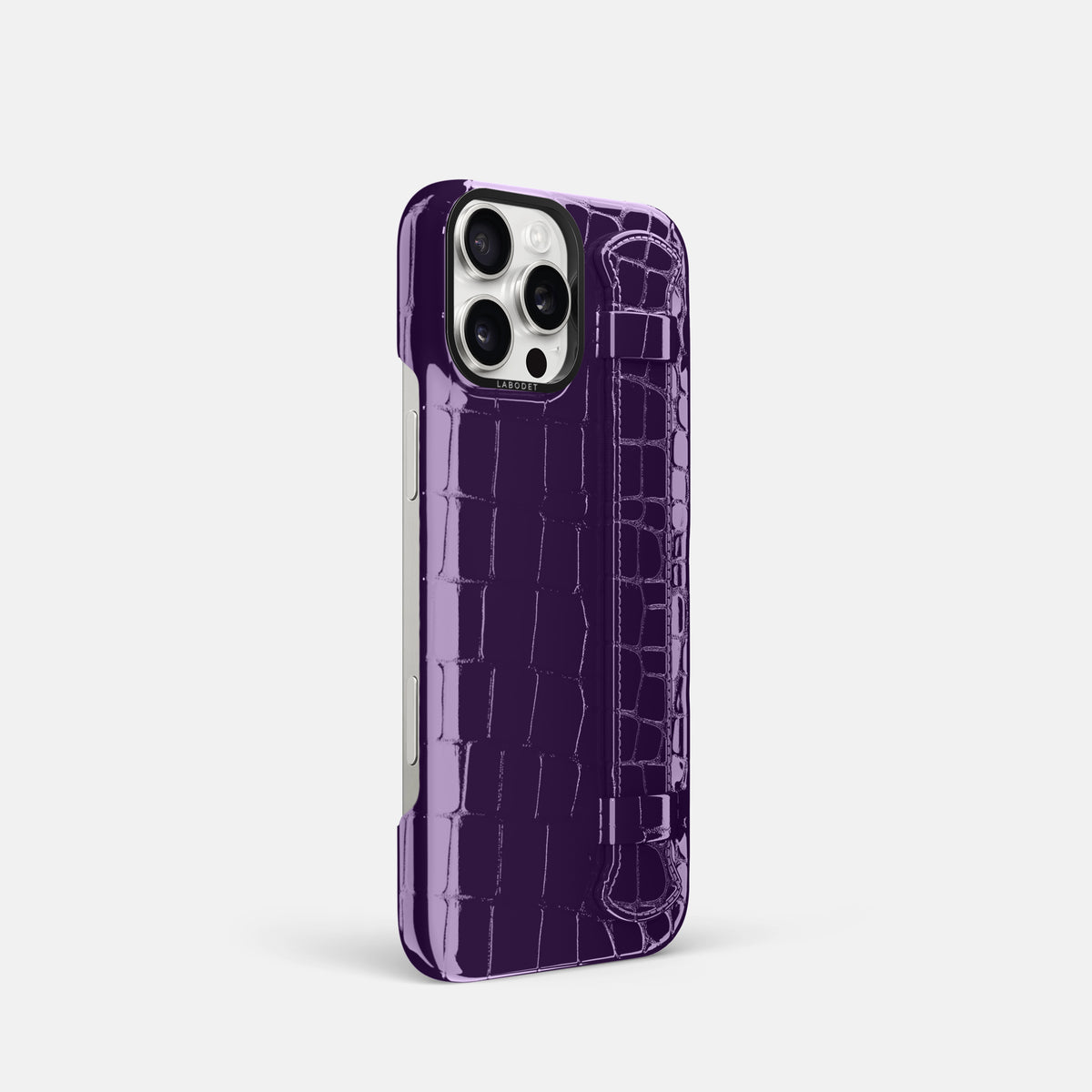 Purple iPhone 16 Pro Handle Case Shiny Alligator with Black Metal -2 | Purple-Black