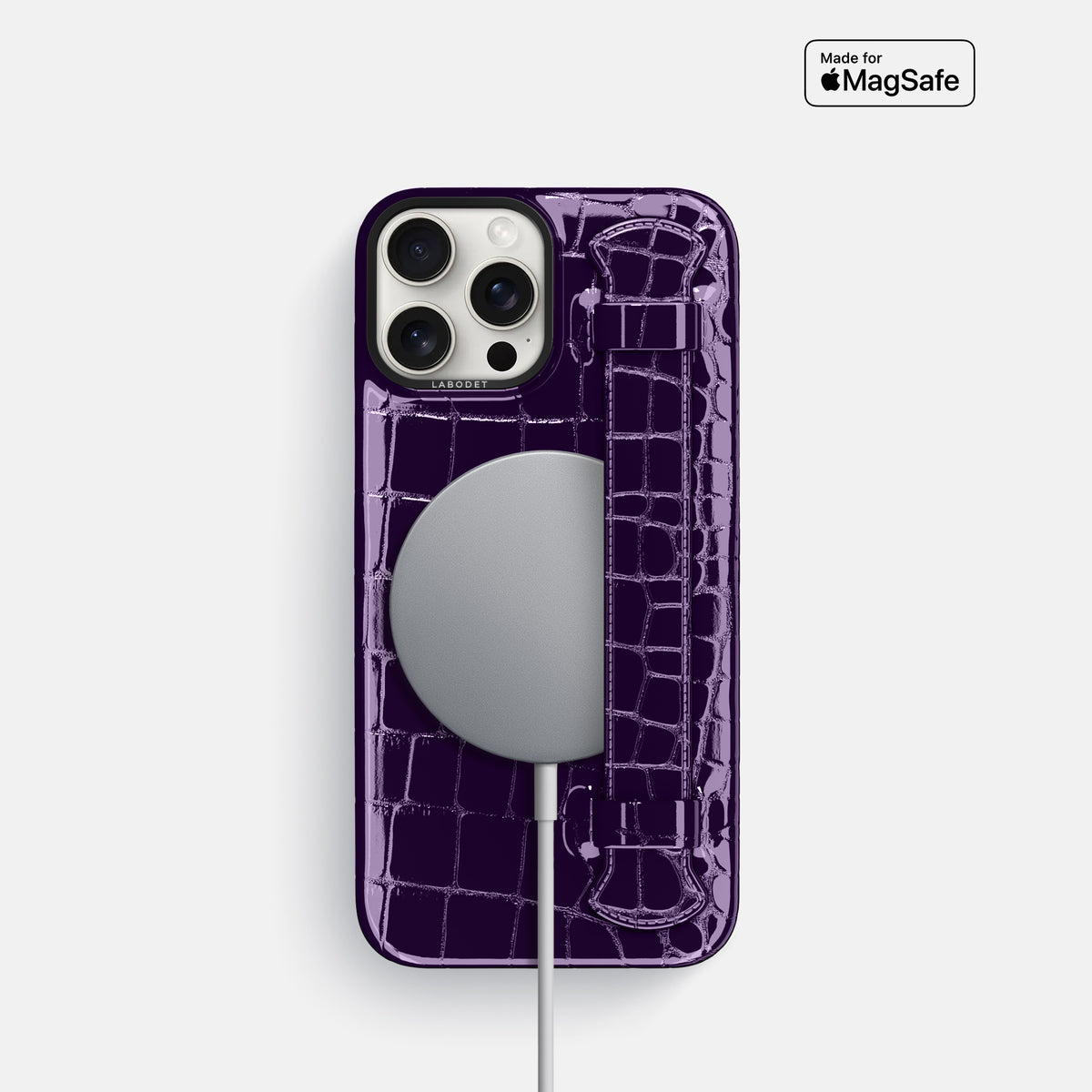Purple iPhone 16 Pro Handle Case Shiny Alligator with Black Metal -5 | Purple-Black