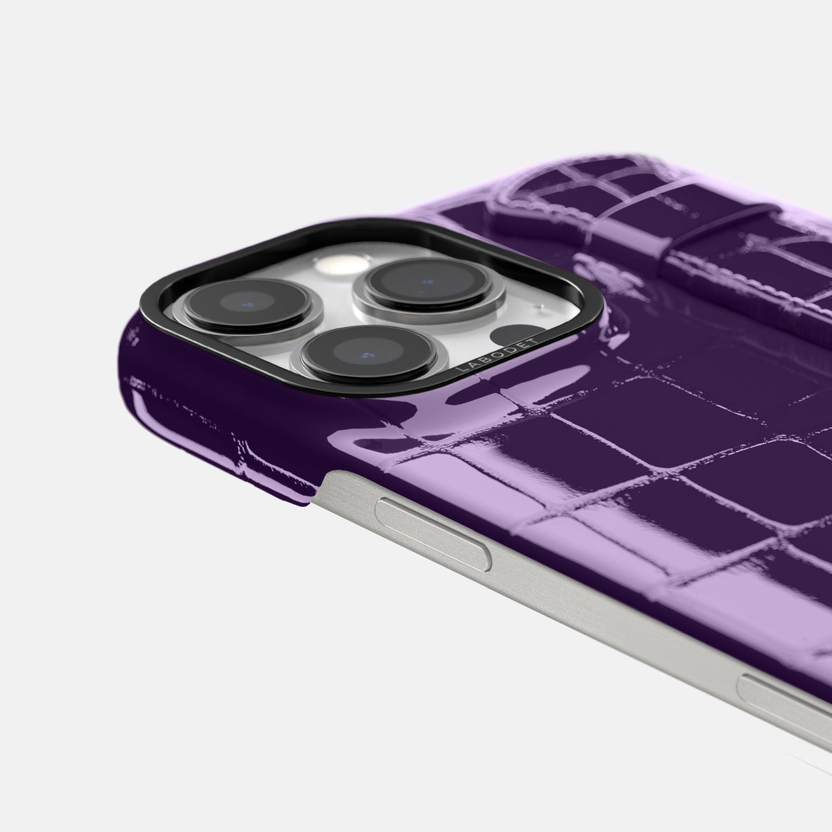 Purple iPhone 16 Pro Handle Case Shiny Alligator with Black Metal -6 | Purple-Black