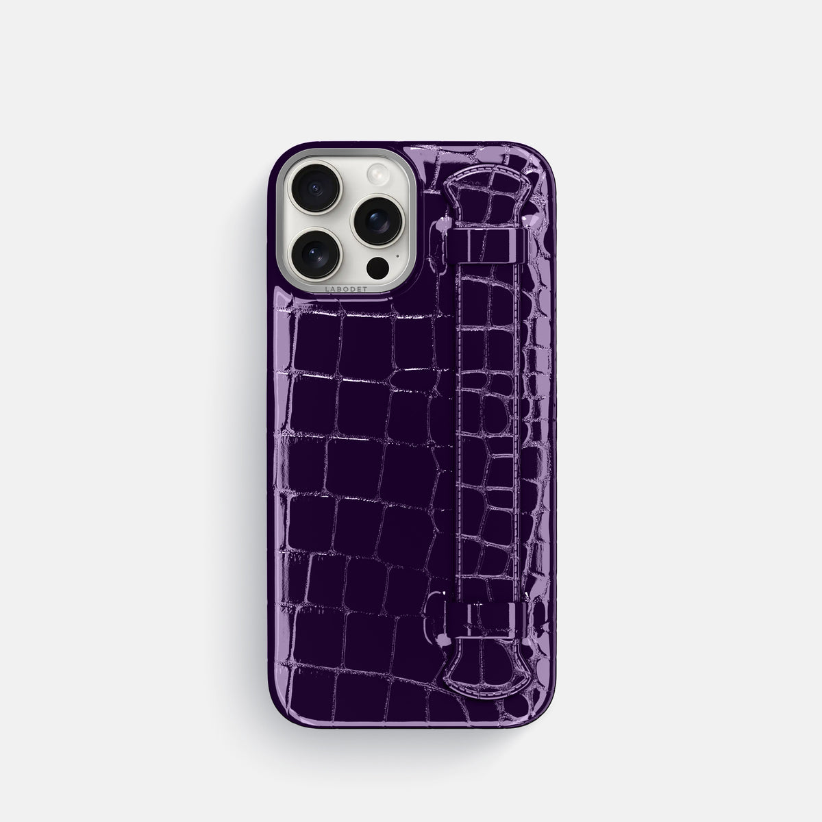 Purple iPhone 16 Pro Handle Case Shiny Alligator with Steel Metal -1 | Purple-Steel