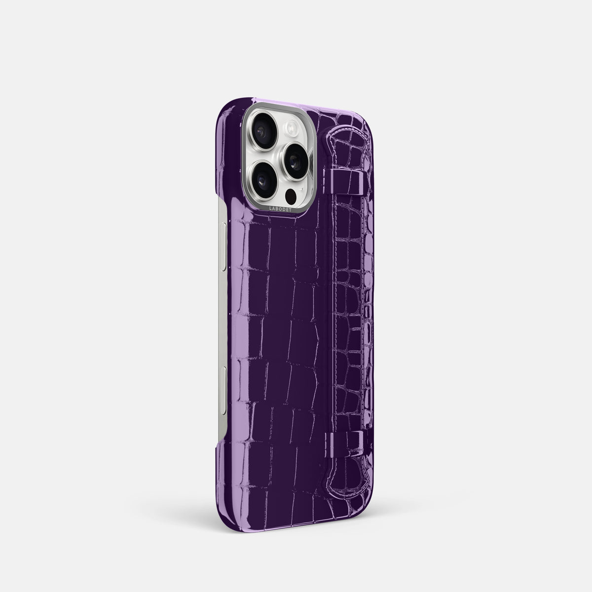 Purple iPhone 16 Pro Handle Case Shiny Alligator with Steel Metal -2 | Purple-Steel
