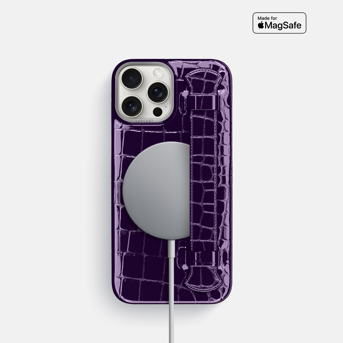 Purple iPhone 16 Pro Handle Case Shiny Alligator with Steel Metal -5 | Purple-Steel