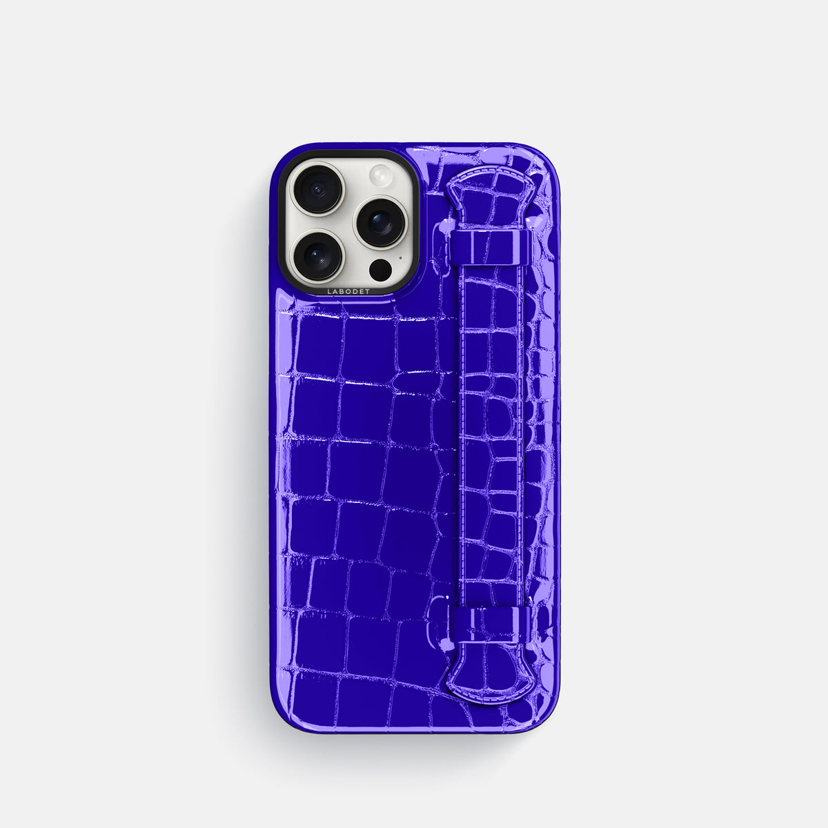 Royal Blue iPhone 16 Pro Handle Case Shiny Alligator with Black Metal -1 | Royal-Blue-Black