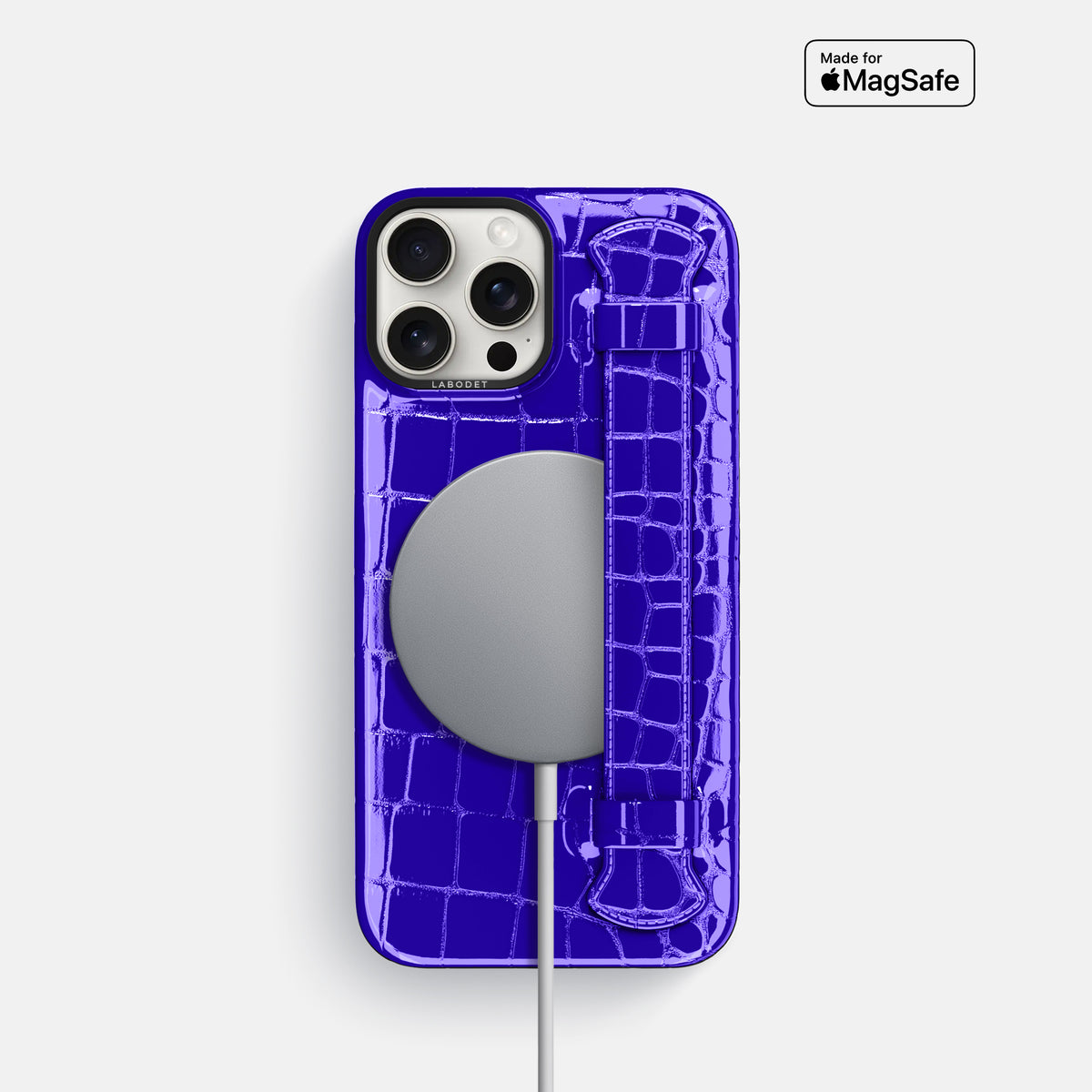 Royal Blue iPhone 16 Pro Handle Case Shiny Alligator with Black Metal -5 | Royal-Blue-Black