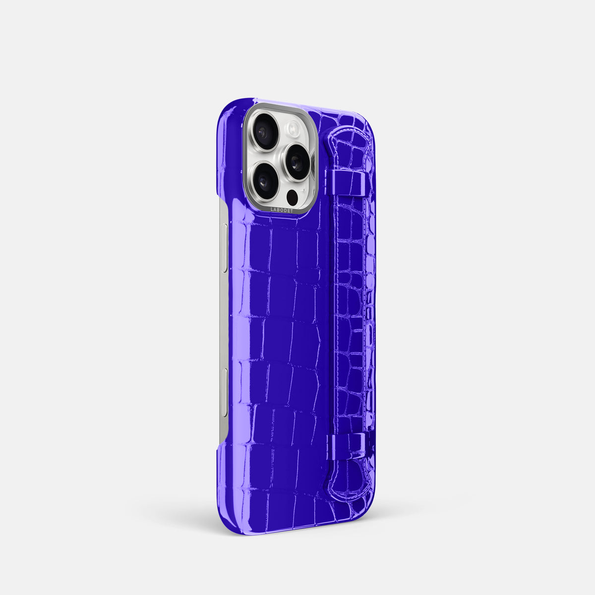 Royal Blue iPhone 16 Pro Handle Case Shiny Alligator with Steel Metal -2 | Royal-Blue-Steel