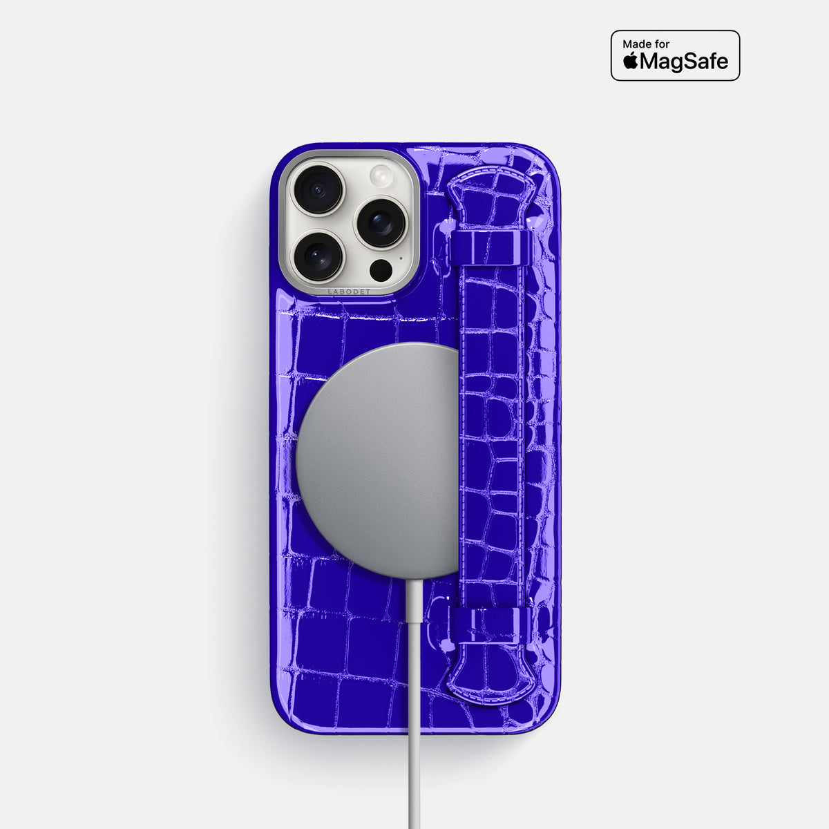 Royal Blue iPhone 16 Pro Handle Case Shiny Alligator with Steel Metal -5 | Royal-Blue-Steel