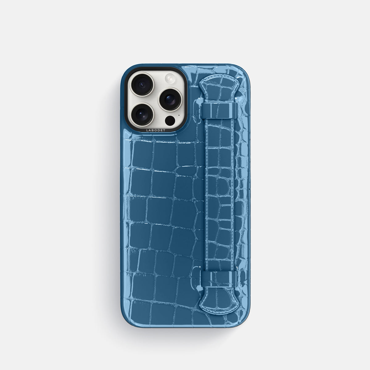 turqoise-blue iPhone 16 Pro Handle Case Shiny Alligator with Black Metal -1 | turqoise-blue-Black
