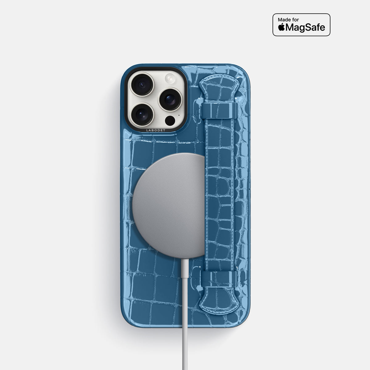 turqoise-blue iPhone 16 Pro Handle Case Shiny Alligator with Black Metal -5 | turqoise-blue-Black