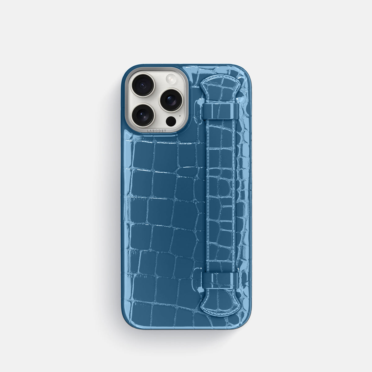 turqoise-blue iPhone 16 Pro Handle Case Shiny Alligator with Steel Metal -1 | turqoise-blue-Steel