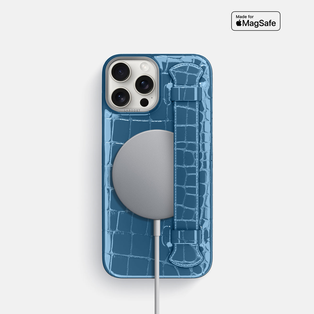 turqoise-blue iPhone 16 Pro Handle Case Shiny Alligator with Steel Metal -5 | turqoise-blue-Steel
