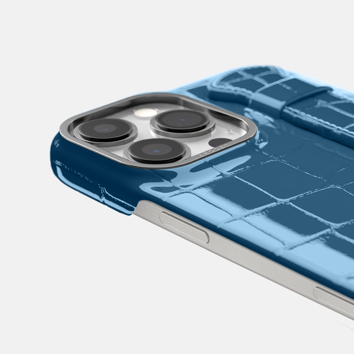 turqoise-blue iPhone 16 Pro Handle Case Shiny Alligator with Steel Metal -6 | turqoise-blue-Steel