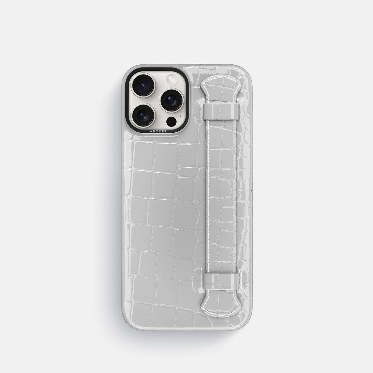 White iPhone 16 Pro Handle Case Shiny Alligator with Black Metal -1 | White-Black