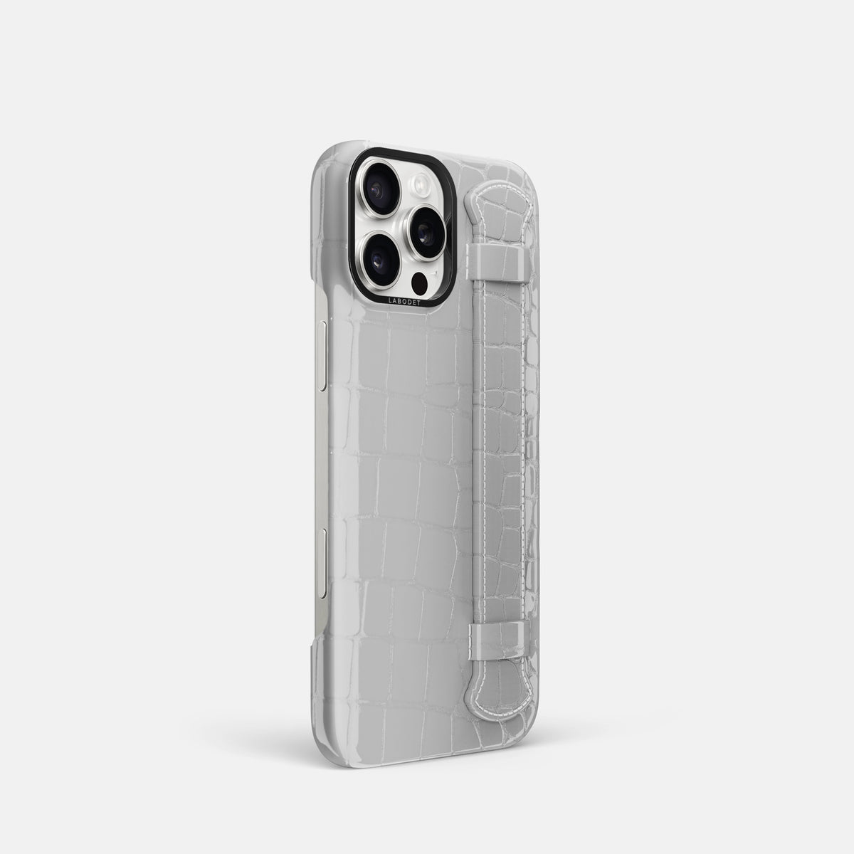 White iPhone 16 Pro Handle Case Shiny Alligator with Black Metal -2 | White-Black