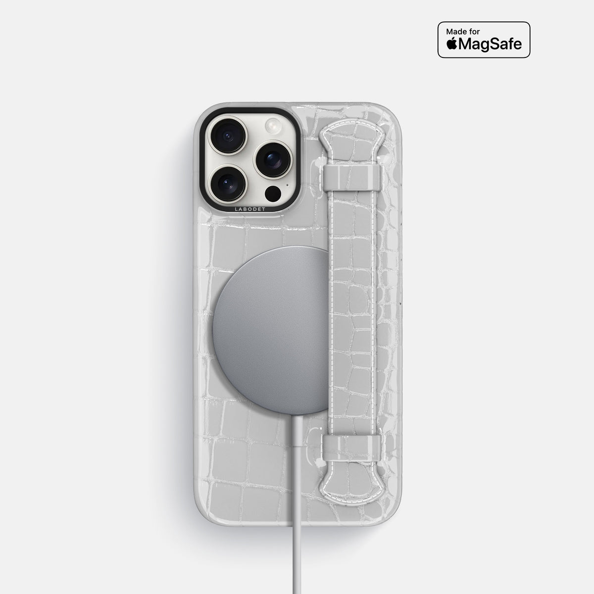 White iPhone 16 Pro Handle Case Shiny Alligator with Black Metal -5 | White-Black