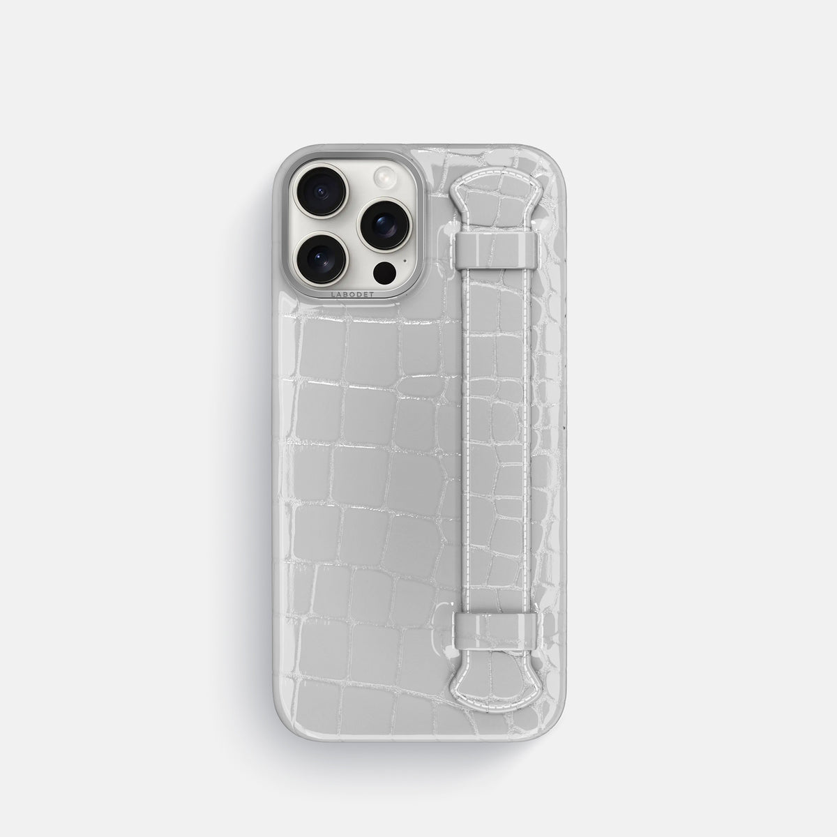 White iPhone 16 Pro Handle Case Shiny Alligator with Steel Metal -1 | White-Steel