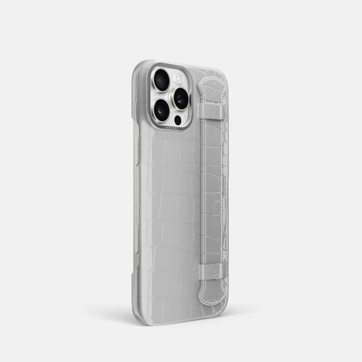 White iPhone 16 Pro Handle Case Shiny Alligator with Steel Metal -2 | White-Steel