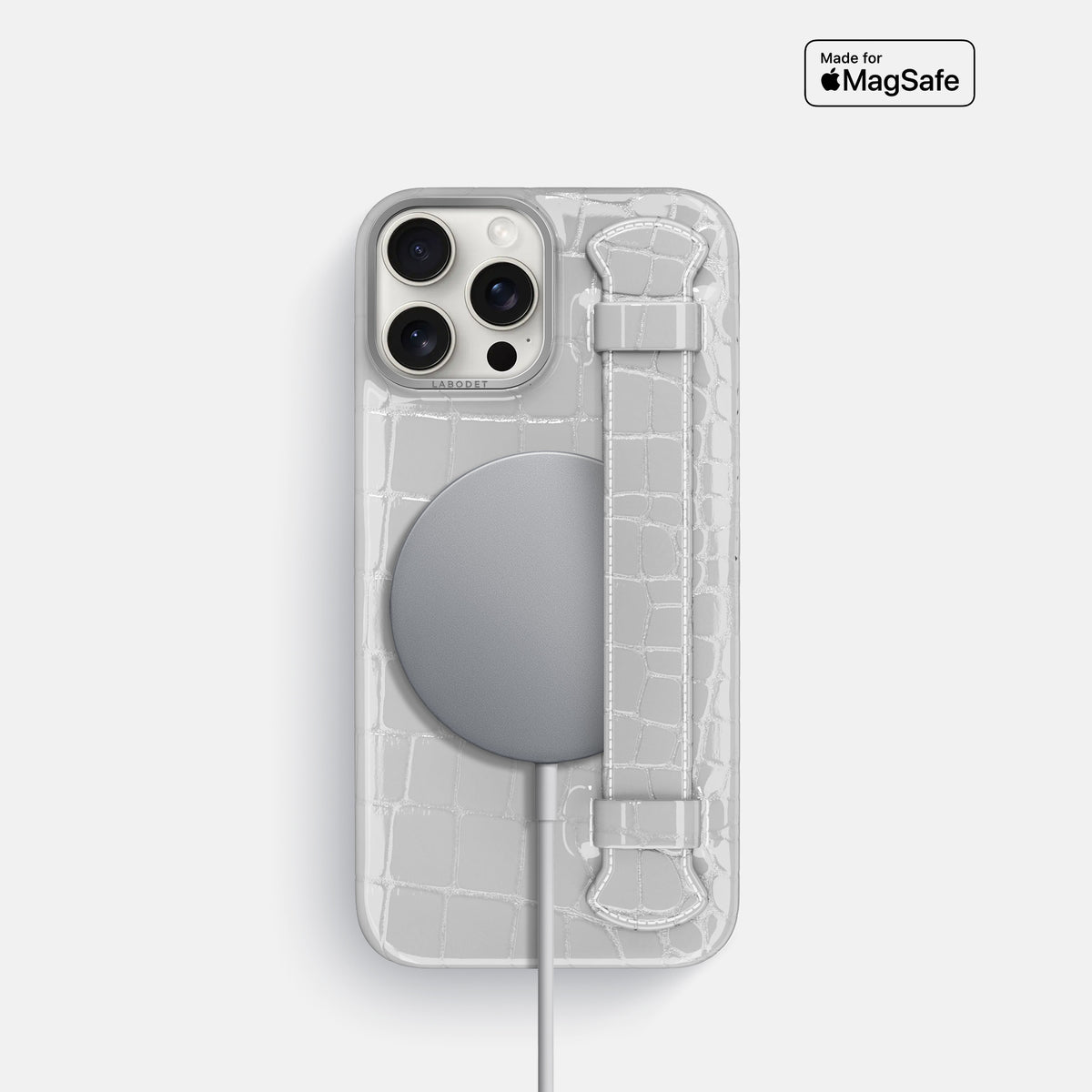 White iPhone 16 Pro Handle Case Shiny Alligator with Steel Metal -5 | White-Steel