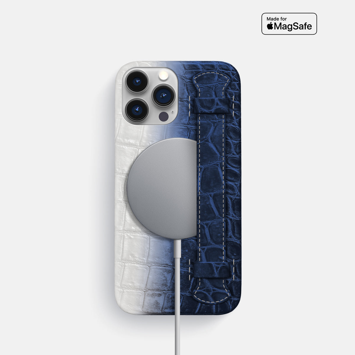 Navy Blue iPhone 16 Pro Slim Handle Case In Himalayan Crocodile -4 | Navy-Blue