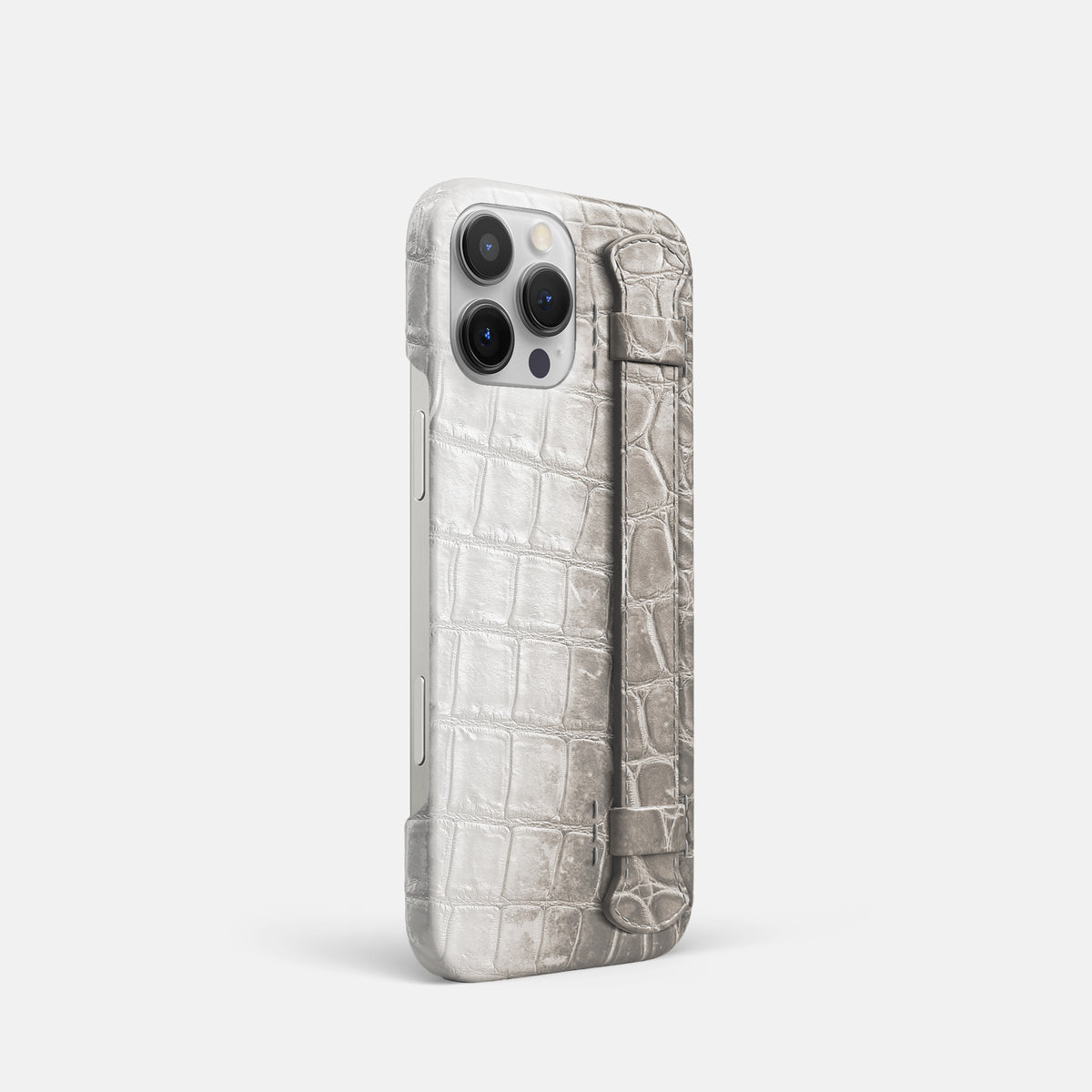 Grey iPhone 16 Pro Slim Handle Case In Himalayan Crocodile -2 | Grey
