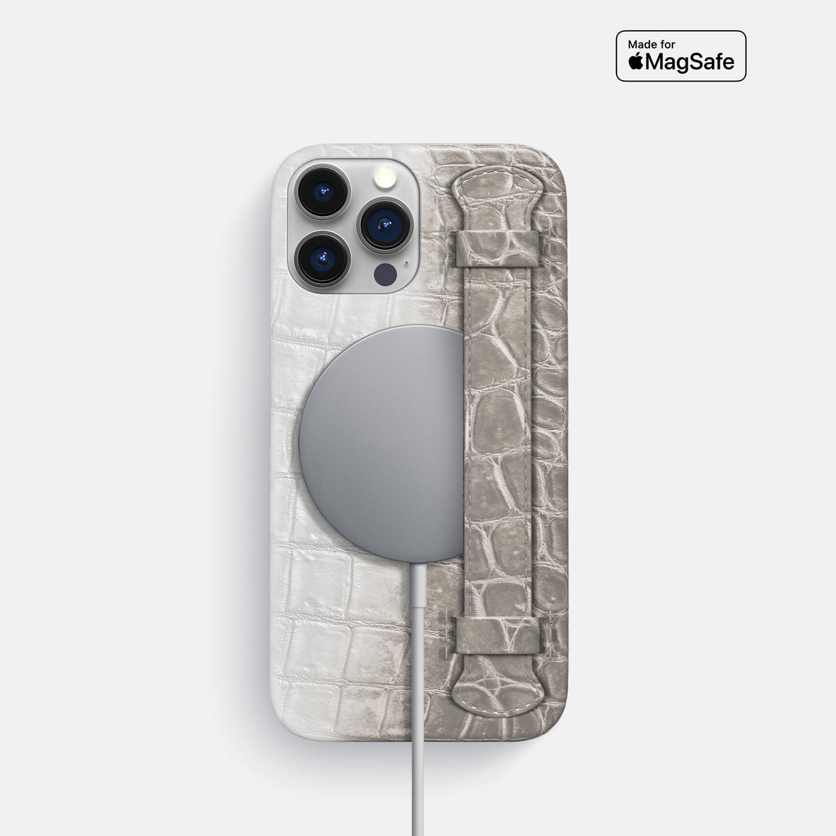 Grey iPhone 16 Pro Slim Handle Case In Himalayan Crocodile -4 | Grey
