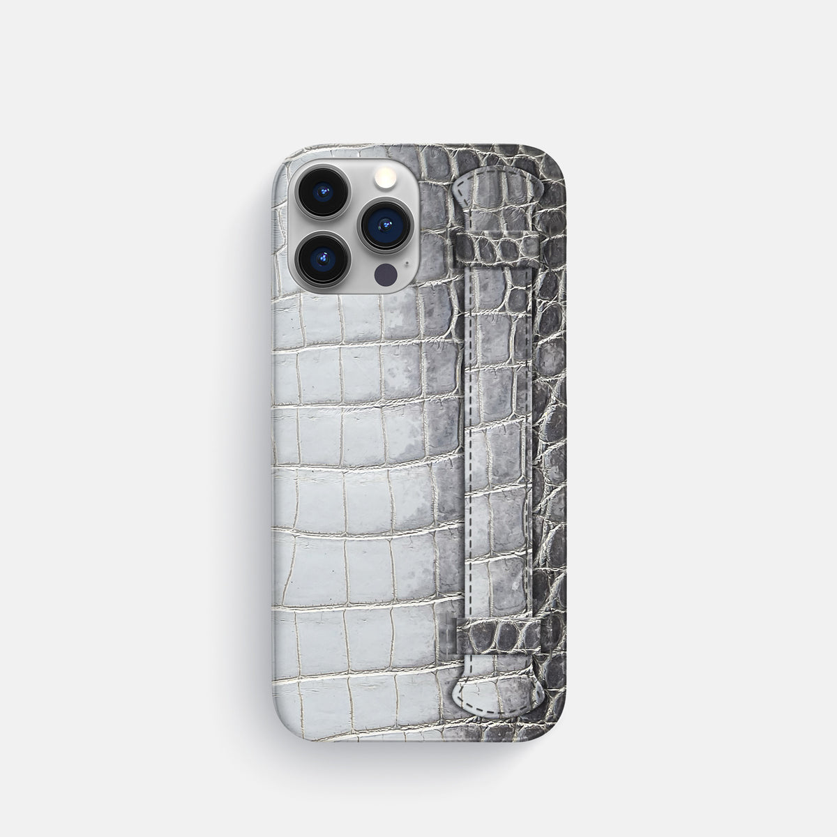 Silver iPhone 16 Pro Slim Handle Case In Himalayan Crocodile -1 | Silver