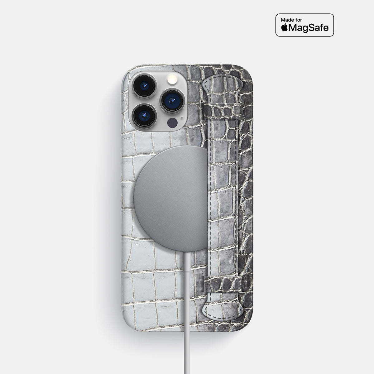 Silver iPhone 16 Pro Slim Handle Case In Himalayan Crocodile -4 | Silver