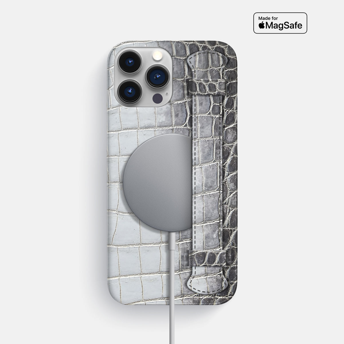 Silver iPhone 16 Pro Max Slim Handle Case In Himalayan Crocodile -4 | Silver