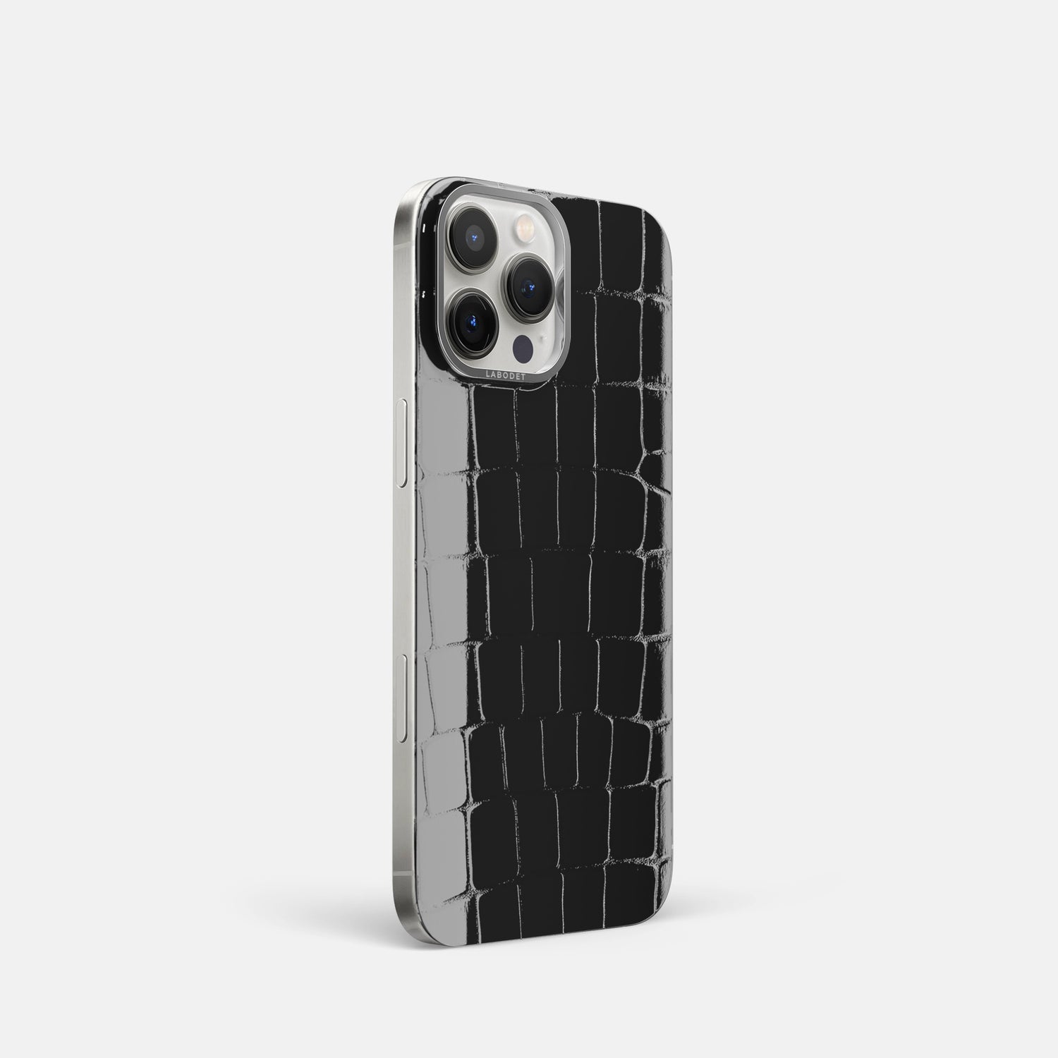 Black iPhone 16 Pro MagSafe Mask Shiny Alligator with Steel Metal -2 | Black-Steel