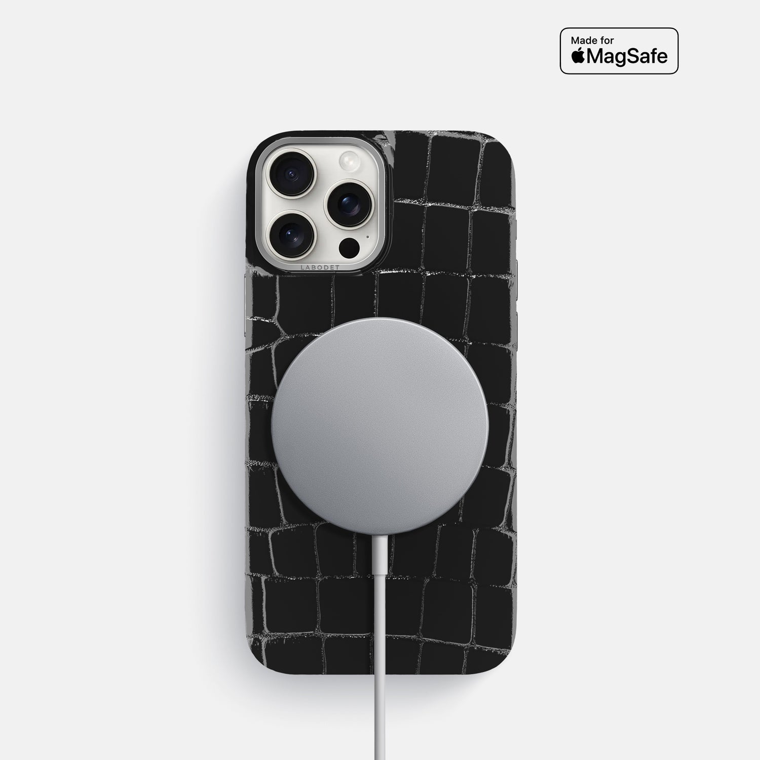 Black iPhone 16 Pro MagSafe Mask Shiny Alligator with Steel Metal -4 | Black-Steel