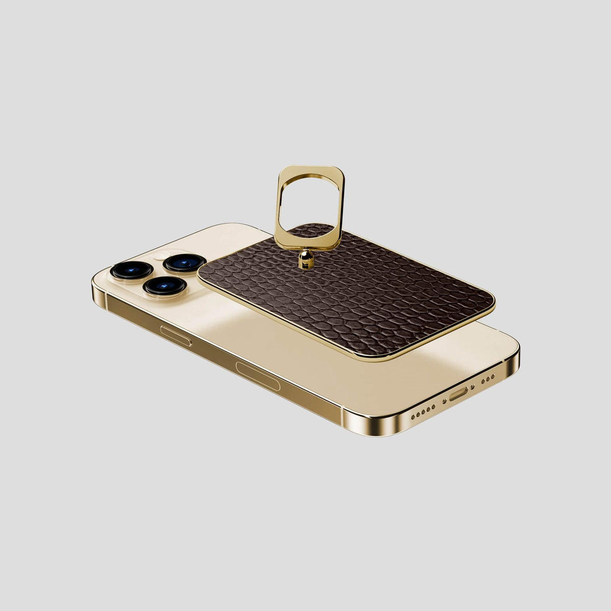 Brown iPhone 14 Pro MagSafe Ring Lizard with Gold Metal -4 | Brown-Gold